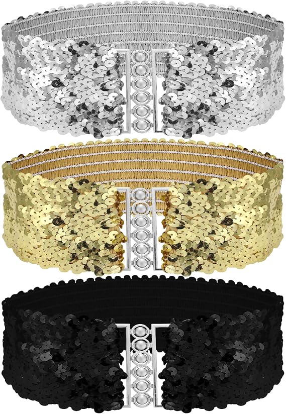 Grevosea Sequin Elastic Belts: Gold, Silver, Black Trio